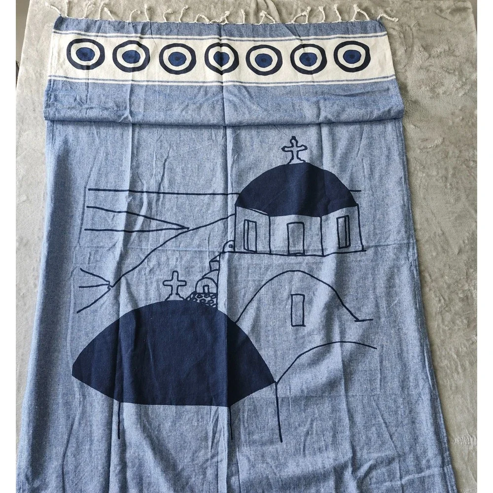 Printed Tapestry Blue Santorini Souvenir Fringe Throw Cotton Greece 36x68.5